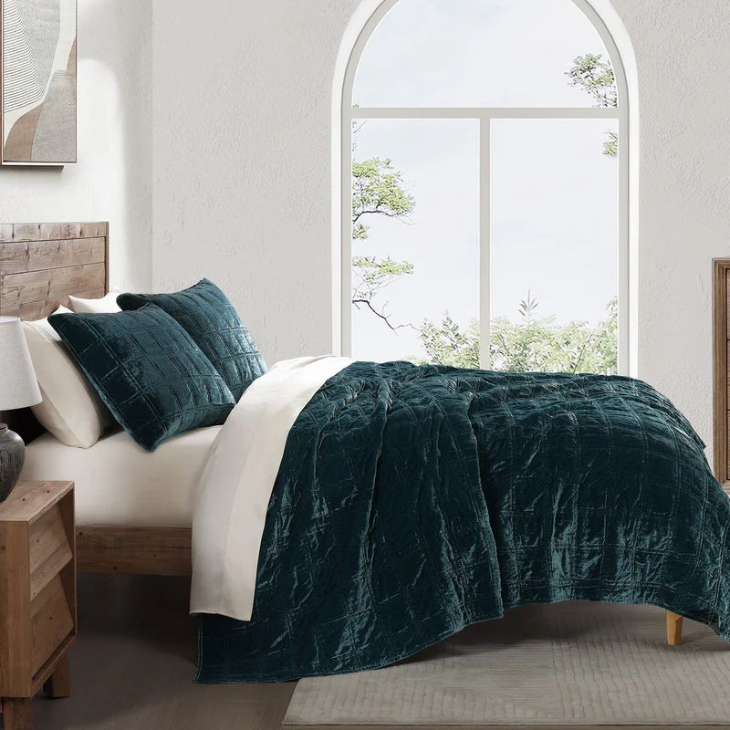 Stella Faux Silk Double Box Stitch Quilt Set, King, Storm Blue, 3PC