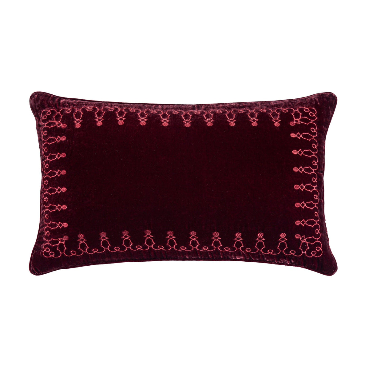 Stella Faux Silk Velvet Embroidered Lumbar Pillow, 14" x 24", Garnet Red, 1PC
