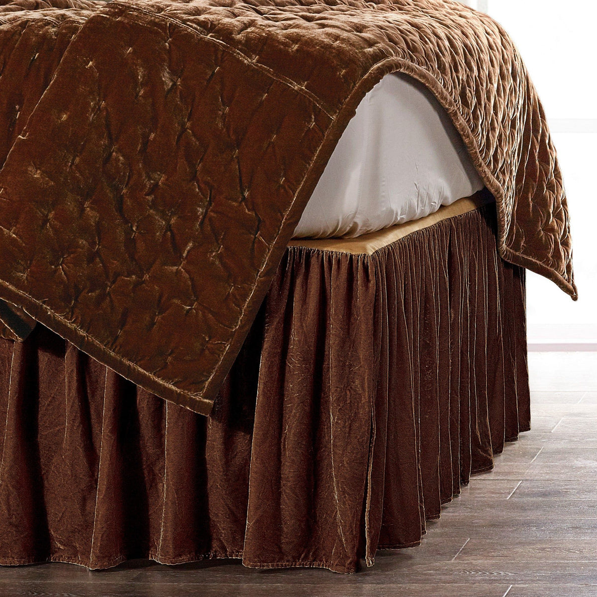 Stella Faux Silk Velvet Bed Skirt, King, Copper Brown, 1PC