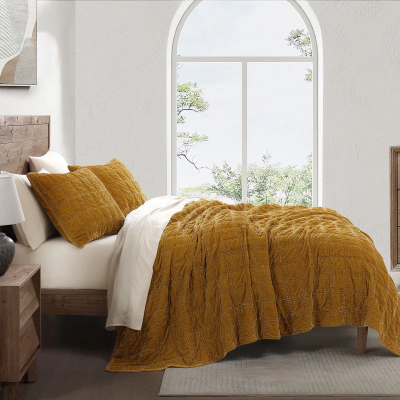 Stella Faux Silk Double Box Stitch Quilt Set, King, Saffron, 3PC