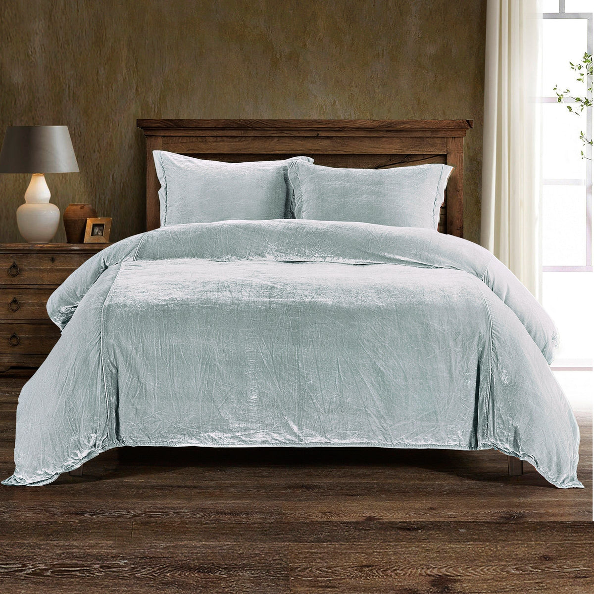 Stella Faux Silk Velvet Duvet Cover Set, Queen, Icy Blue, 3PC