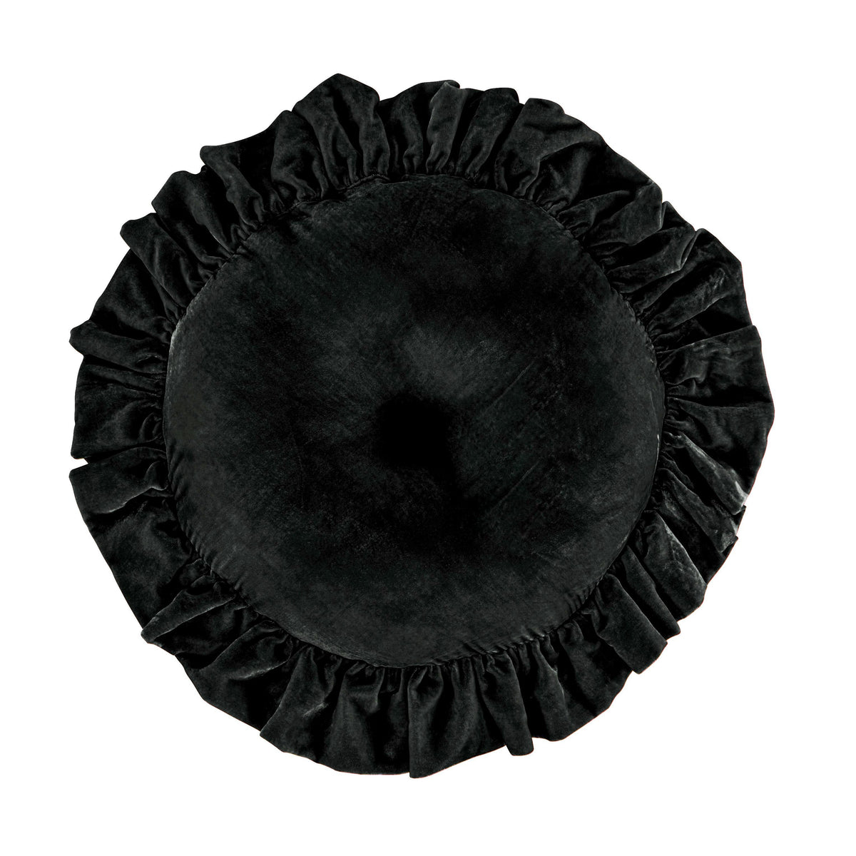 Stella Faux Silk Velvet Ruffled Round Pillow, 18", Black, 1PC