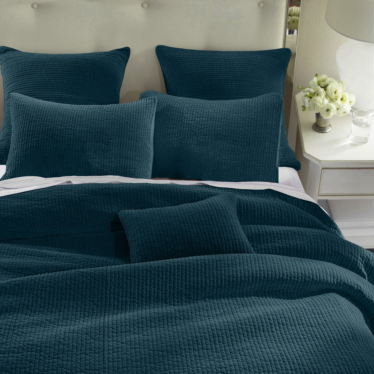 Stonewashed Cotton Velvet Quilt Set, King, Deep Blue, 3PC