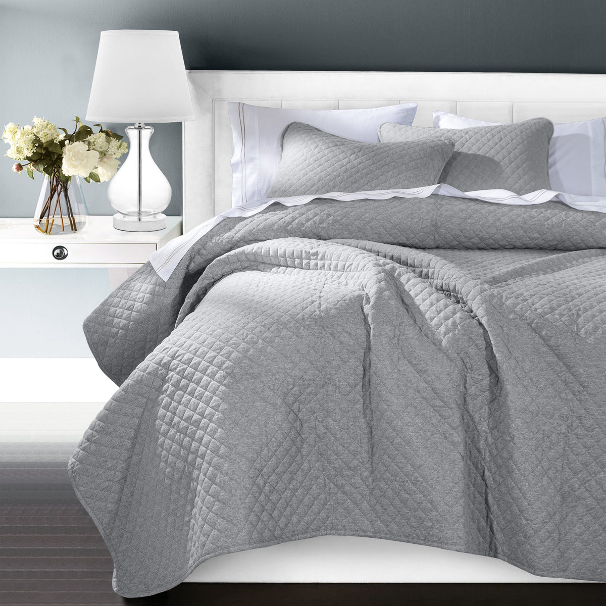 Anna Diamond Quilted Coverlet Set, King, Gray, 3PC