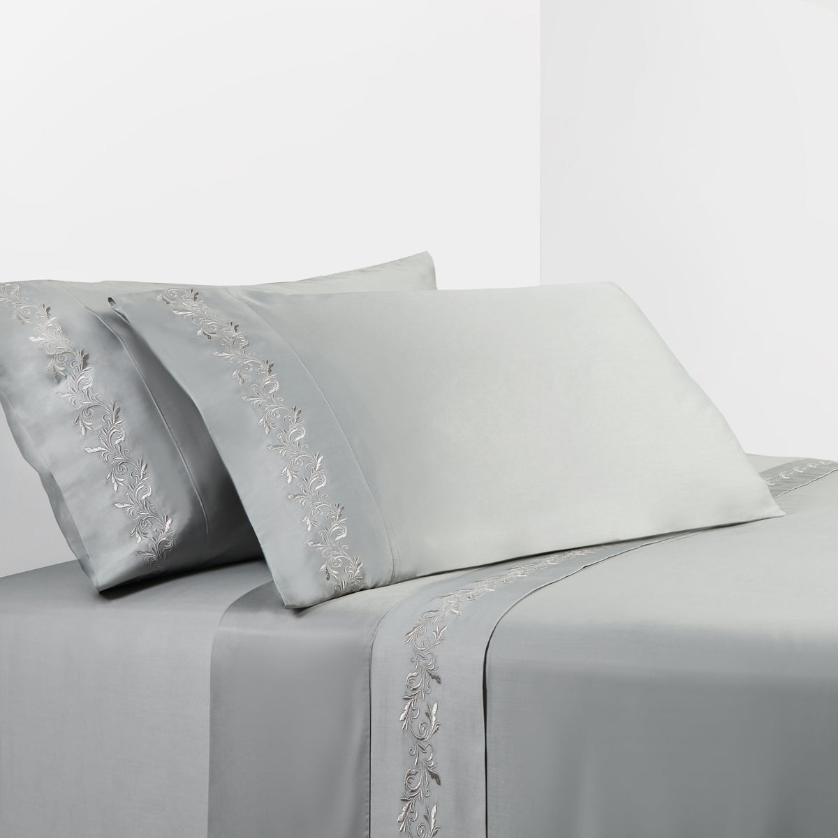 350TC Gray Scroll Embroidered Sheet Set, Queen, Gray, 4PC