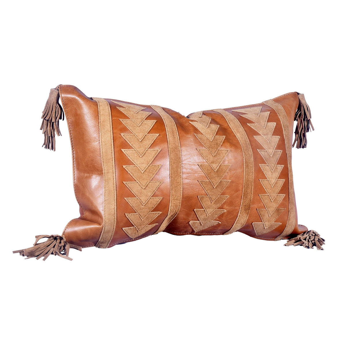 Genuine Leather & Suede Arrow Tasseled Lumbar Pillow, 12" x 20", 1PC