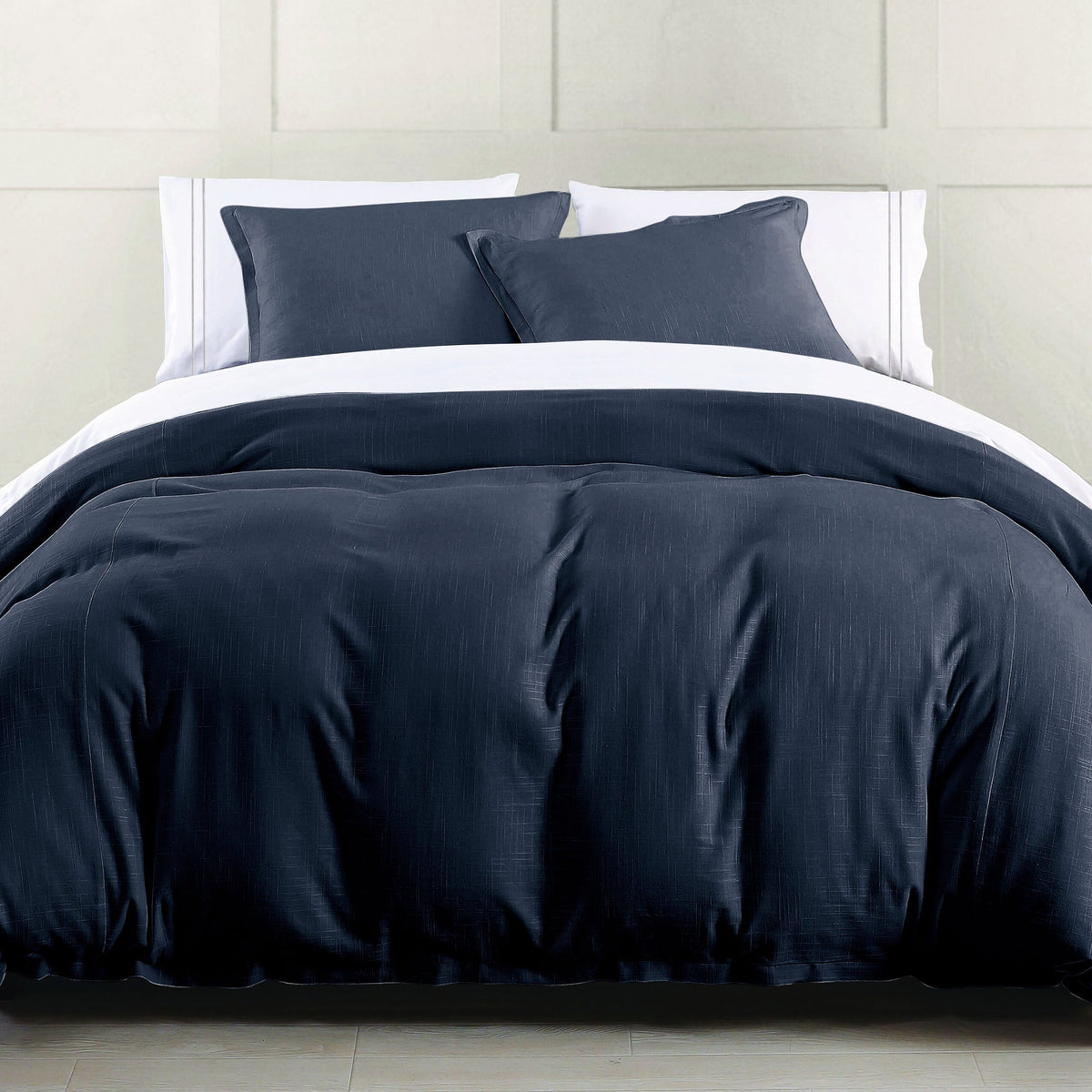Hera Washed Linen Flange Duvet Cover, Twin, Navy, 1PC