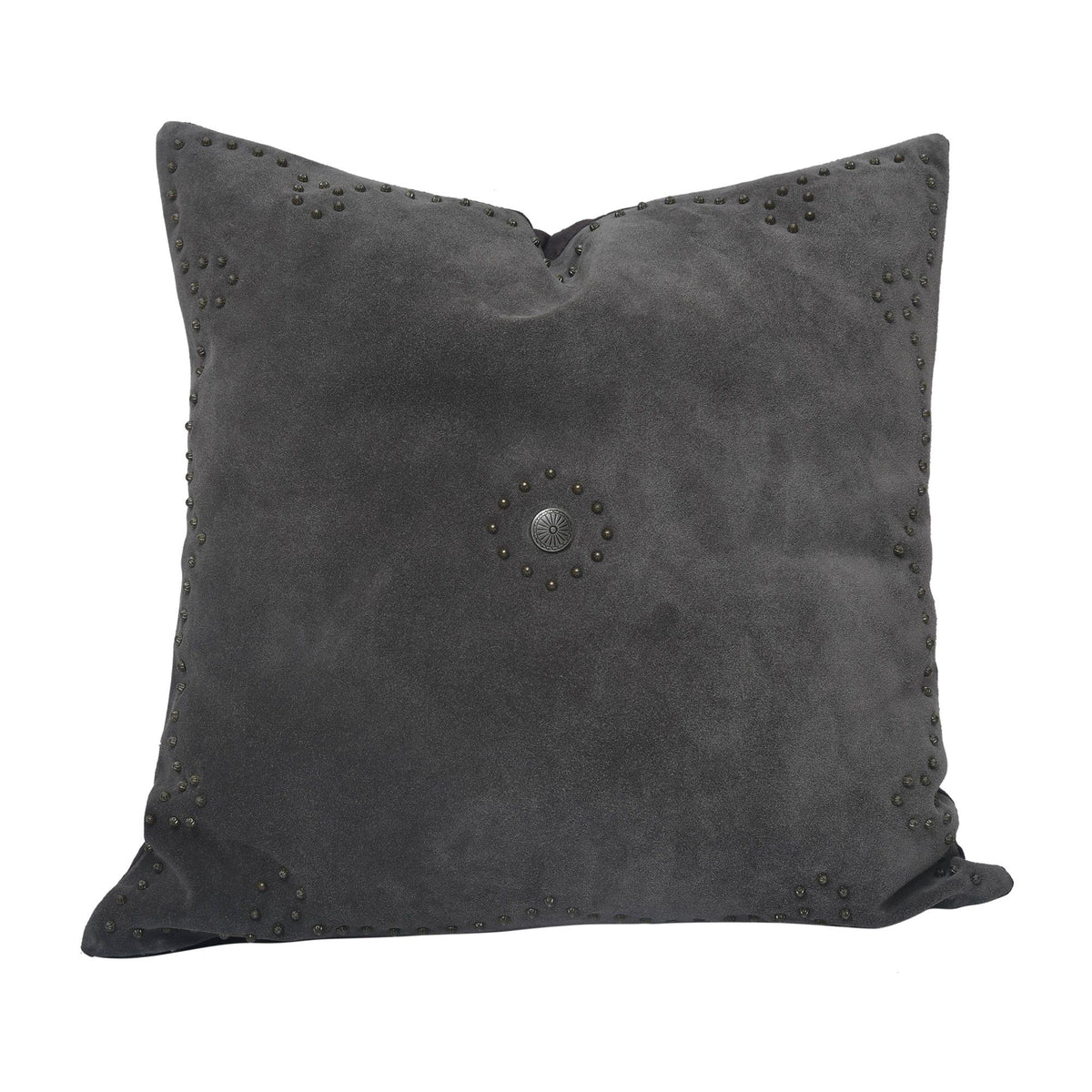 Western Suede Antique Silver Concho & Studded Pillow, 20" x 20", Gray, 1PC