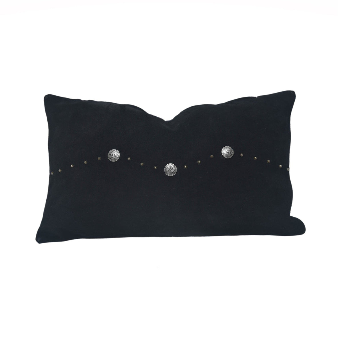 Western Suede Antique Silver Concho & Studded Lumbar Pillow, 12" x 20", Black, 1PC