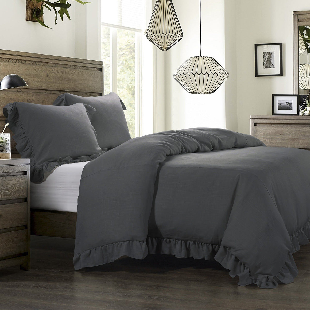 Lily Washed Linen Comforter Set, Super Queen, Slate, 3PC