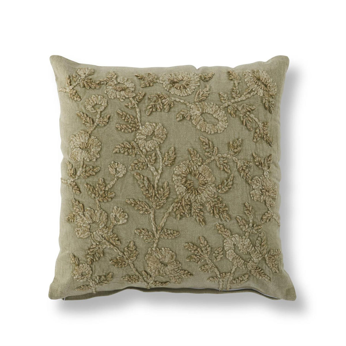 20"x20" Cotton Stone Washed Sage Green Floral Embroidered Pillow