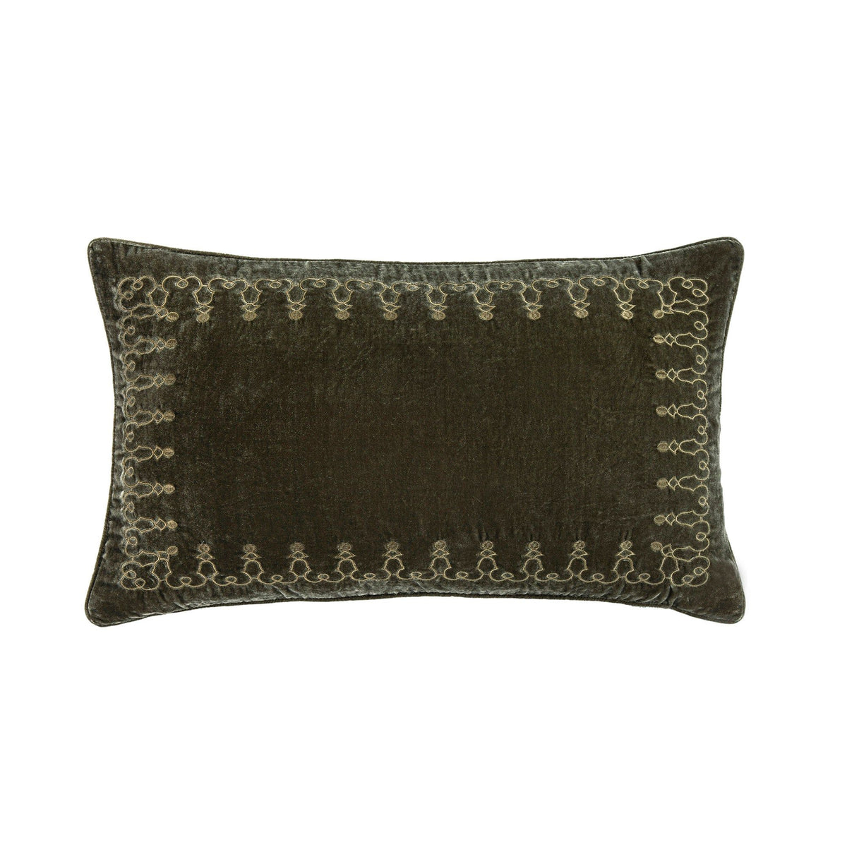 Stella Faux Silk Velvet Embroidered Lumbar Pillow, 14" x 24", Fern Green, 1PC