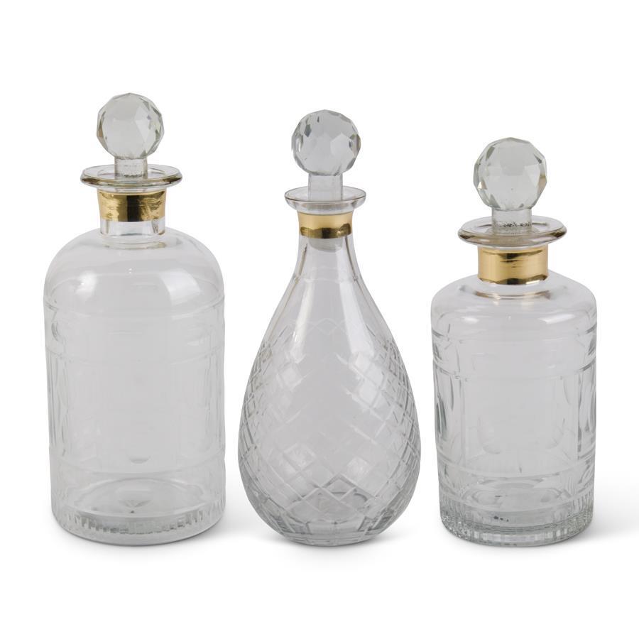 Set Of 3 Glass Decanters w/Gold Trim