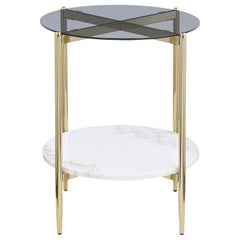 Jonelle - Round Glass Top End Table White Marble Shelf Gold - Smoke