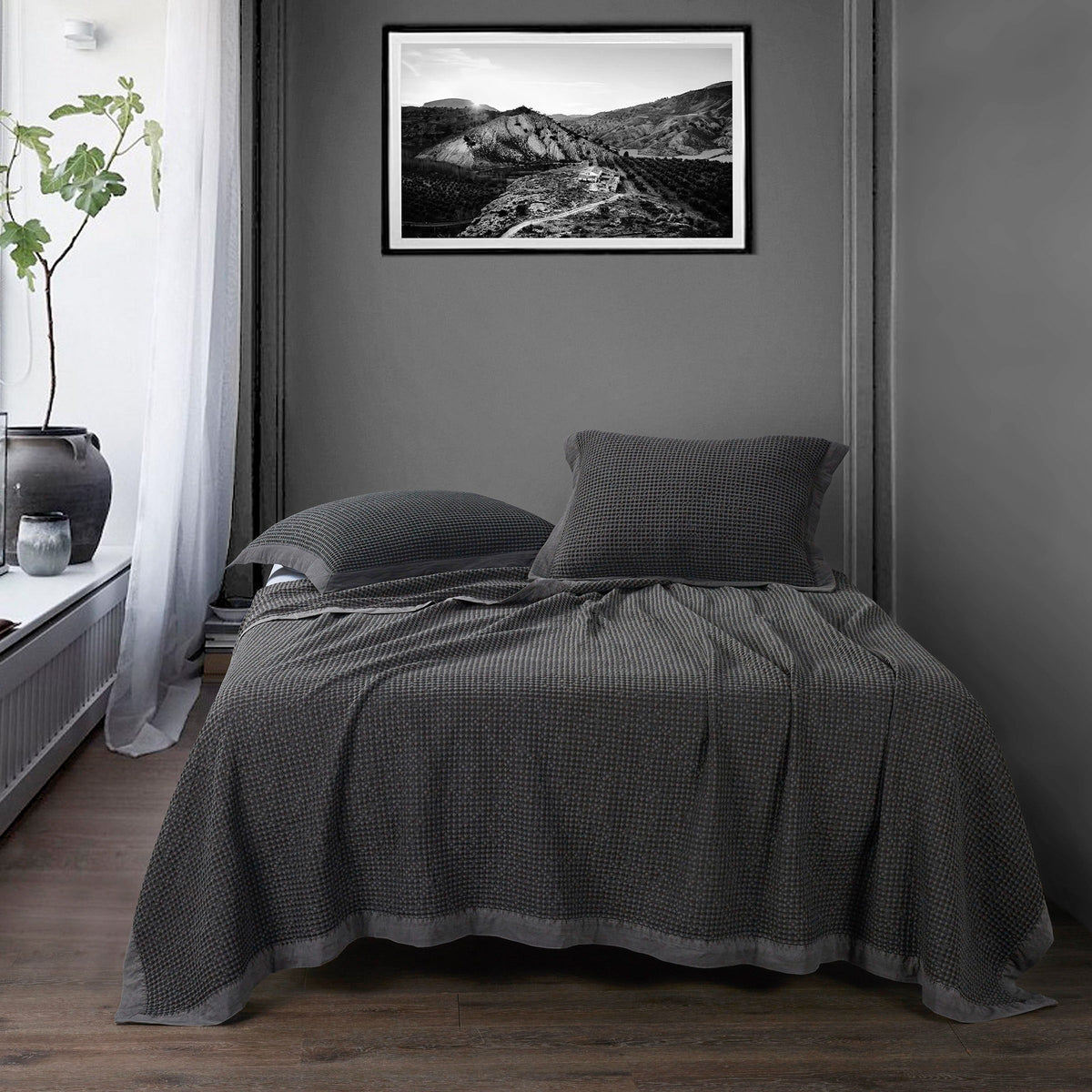 Stonewashed Cotton Waffle Weave Coverlet, King, Slate, 1PC