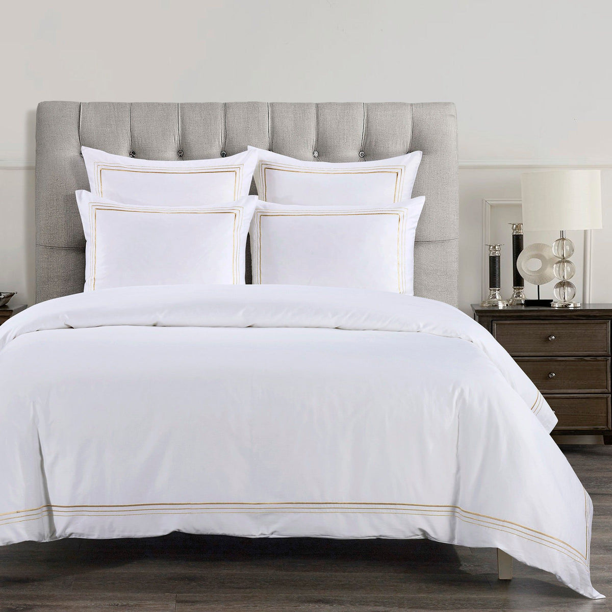 Embroidered Border Duvet Cover Set, Super King, Light Gold, 3PC