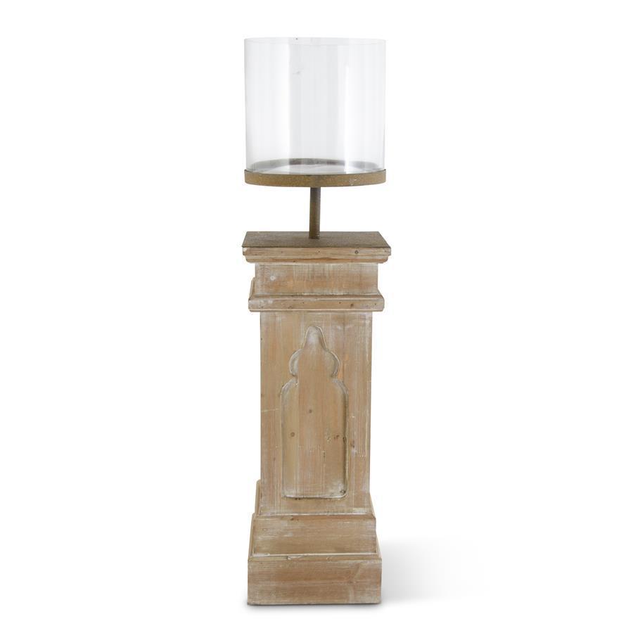 39.5" Whitewashed Wood Colum W/Glass Hurricane Cande holder