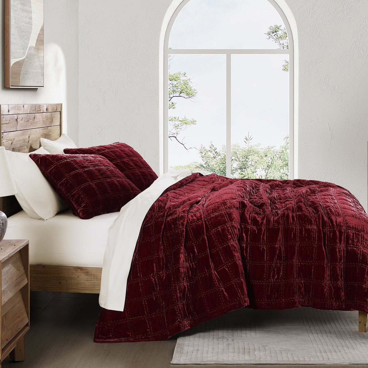 Stella Faux Silk Double Box Stitch Quilt Set, Queen, Garnet Red, 3PC