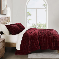 Stella Faux Silk Double Box Stitch Quilt Set, Queen, Garnet Red, 3PC