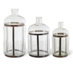 Set of 3 Clear Blown Glass Bottles in Metal Frames