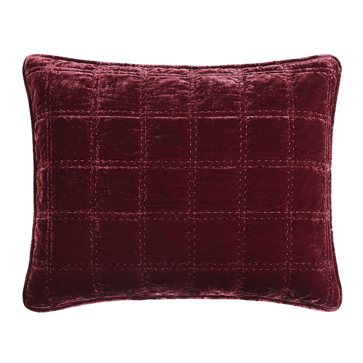 Stella Faux Silk Velvet Double Box Stitch Pillow Sham, 21" x 27", Garnet Red, 1PC