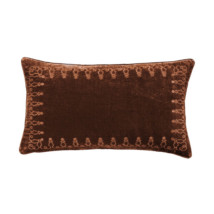Stella Faux Silk Velvet Embroidered Lumbar Pillow, 14" x 24", Copper Brown, 1PC