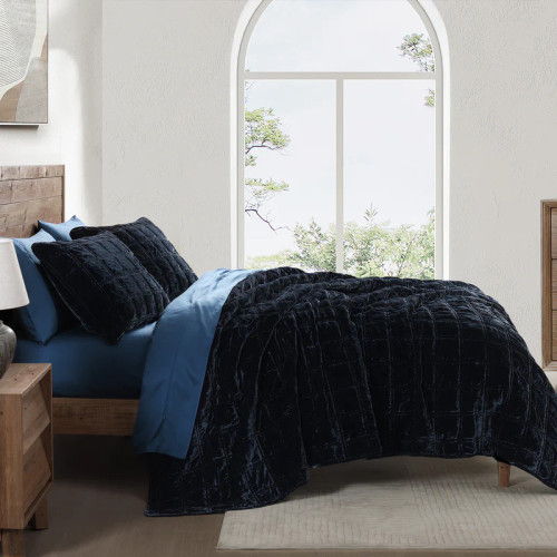 Stella Faux Silk Double Box Stitch Quilt Set, King, Midnight Blue, 3PC