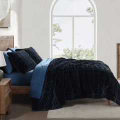 Stella Faux Silk Double Box Stitch Quilt Set, King, Midnight Blue, 3PC