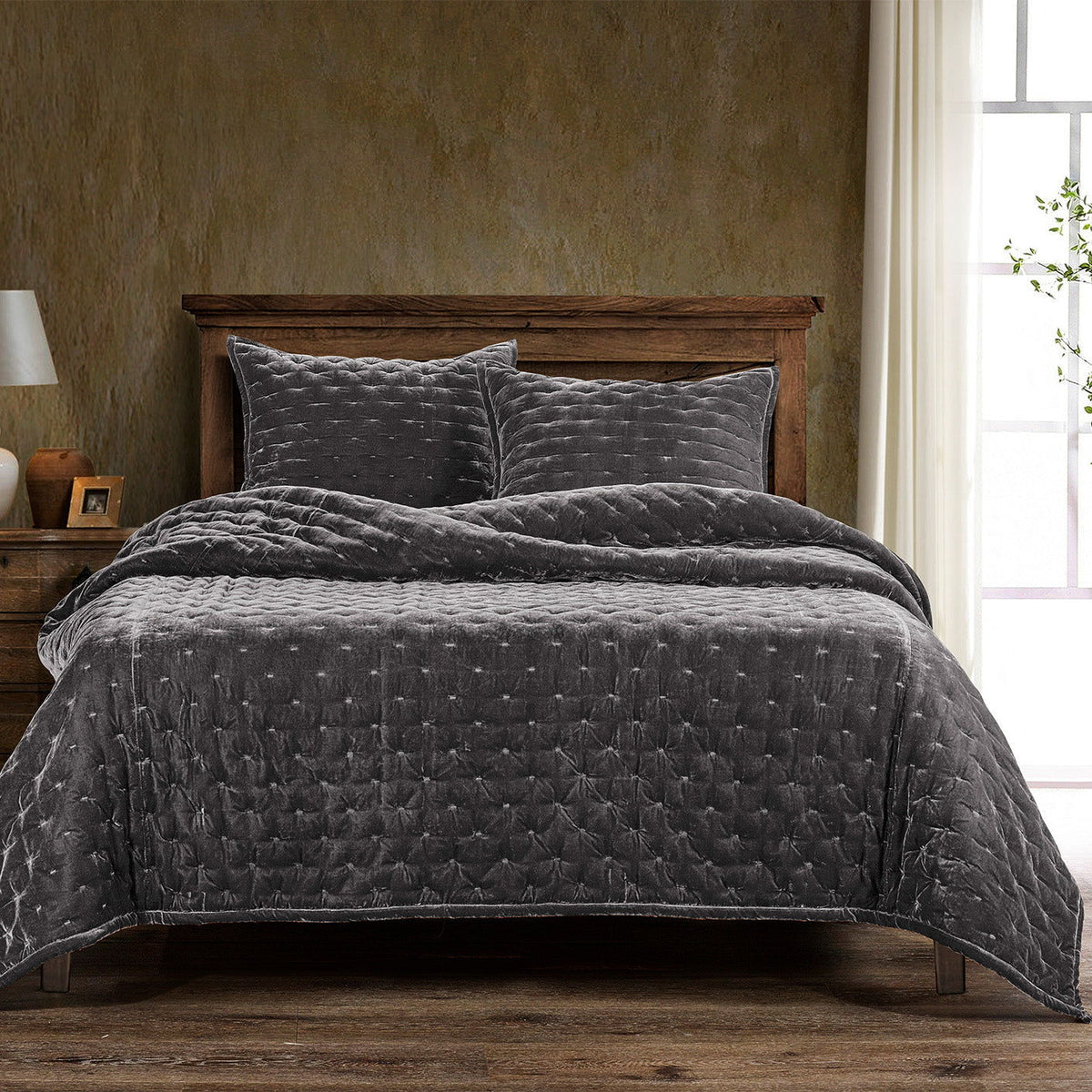 Stella Faux Silk Velvet Quilt, King, Dark Slate, 1PC