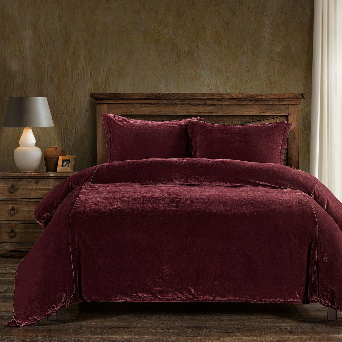 Stella Faux Silk Velvet Duvet Cover Set, Queen, Garnet Red, 3PC