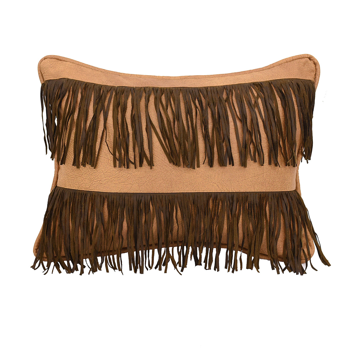 Double Row Fringe Tan Faux Leather Throw Pillow, 16" X 21", 1PC