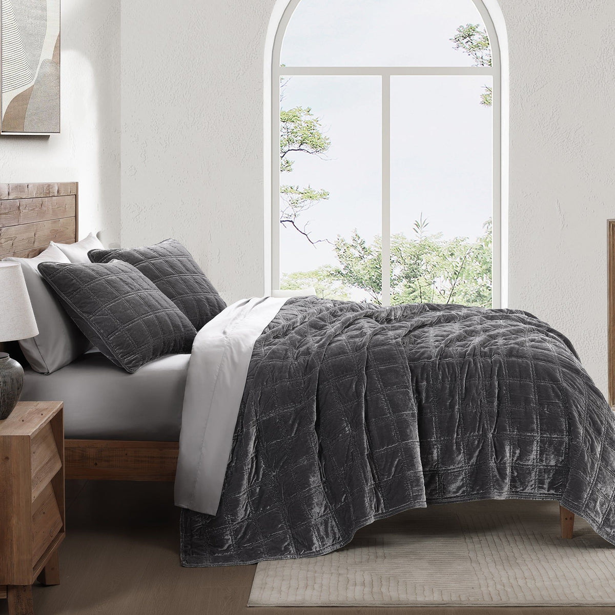 Stella Faux Silk Double Box Stitch Quilt Set, King, Slate, 3PC