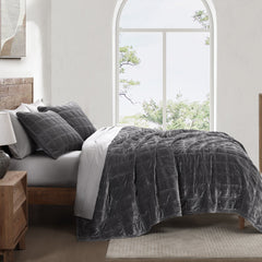 Stella Faux Silk Double Box Stitch Quilt Set, King, Slate, 3PC