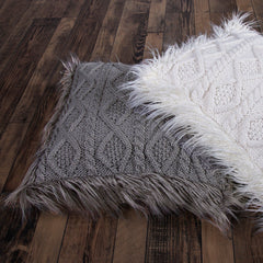 Nordic Cable Knit & Mongolian Fur Throw Pillow, 18" x 18", White, 1PC