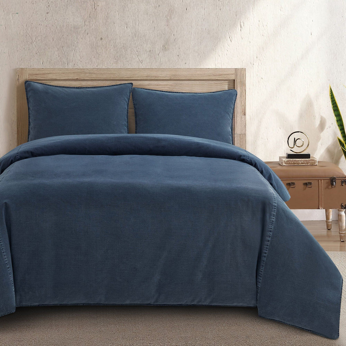 Stonewashed Cotton Canvas Duvet Cover Set, Super King, Denim, 3PC