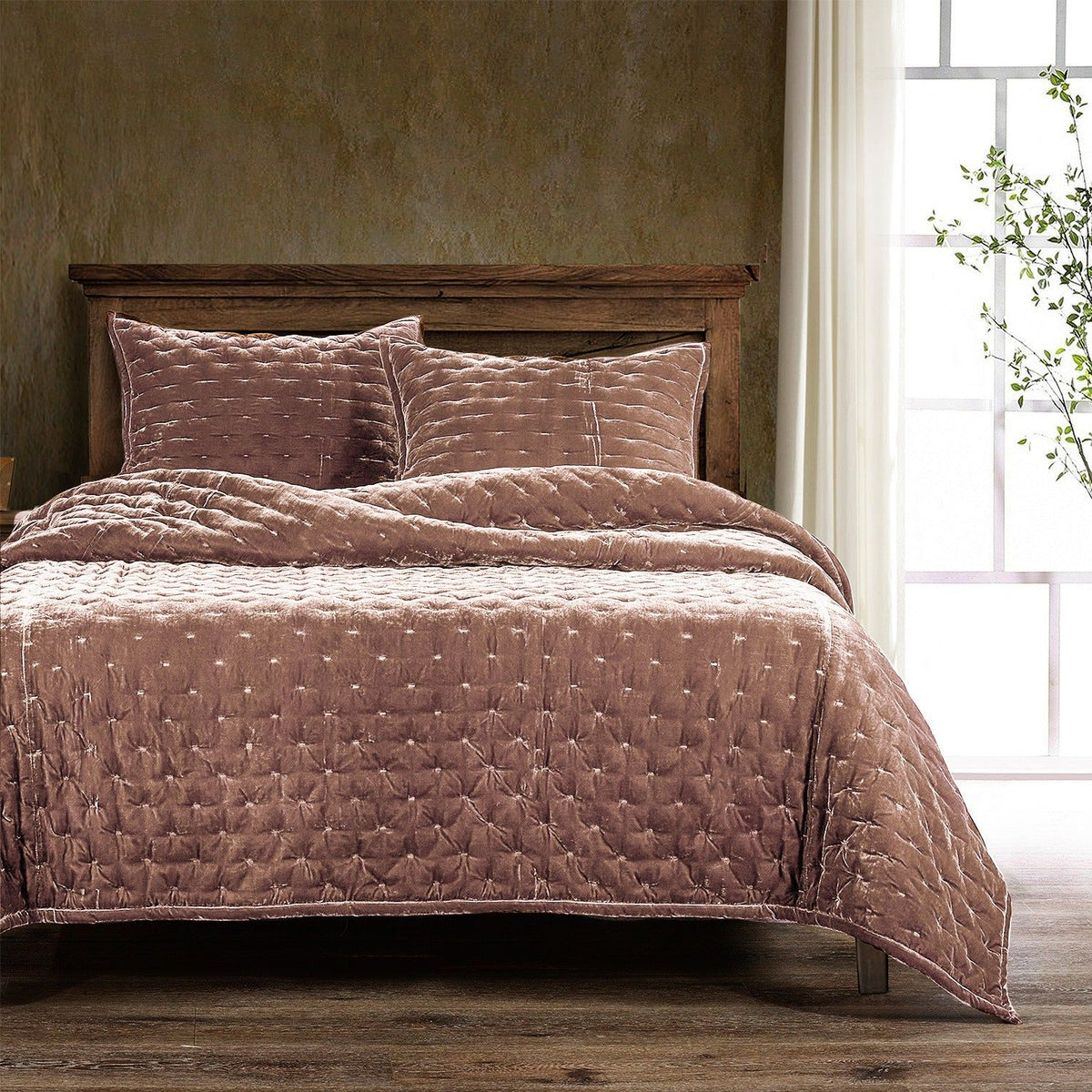 Stella Faux Silk Velvet Quilt Set, Queen, Dusty Rose, 3PC