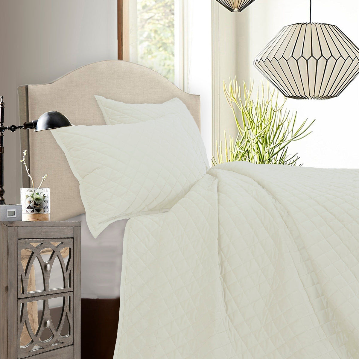 Velvet Diamond Quilt Set, King, Cream, 3PC