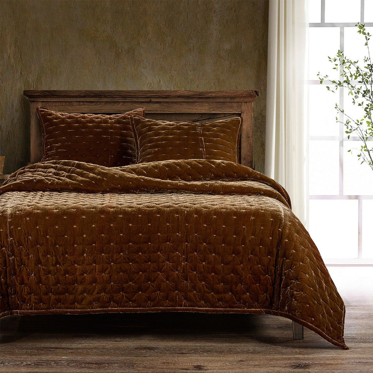 Stella Faux Silk Velvet Quilt, King, Copper Brown, 1PC