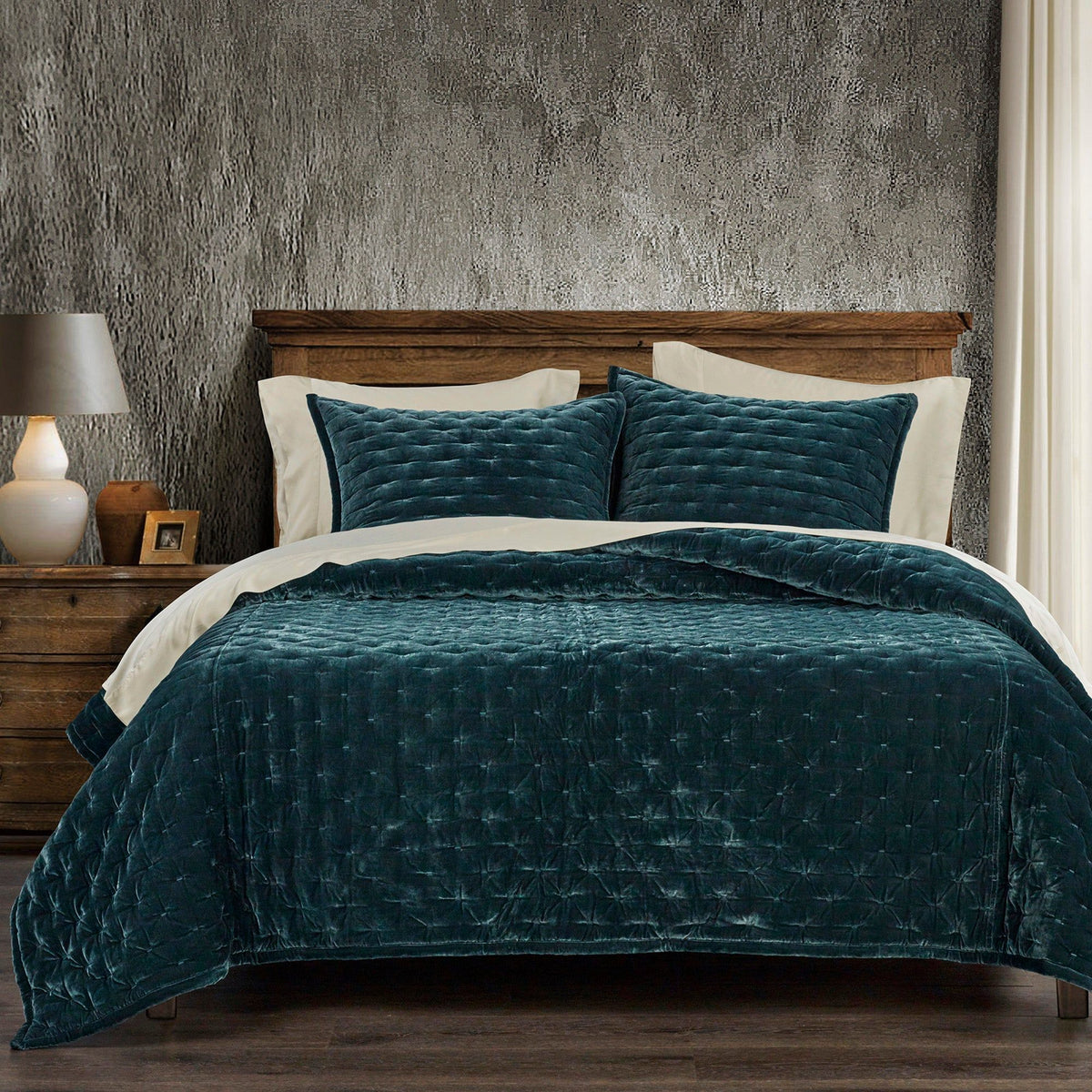 Stella Faux Silk Velvet Quilt Set, King, Storm Blue, 3PC
