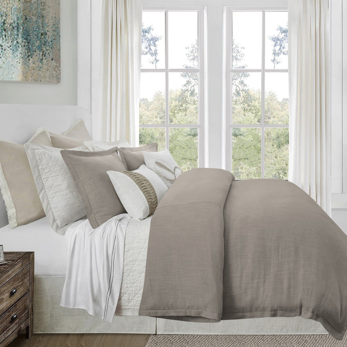 Hera Washed Linen Flange Comforter Set, Super King, Taupe, 3PC
