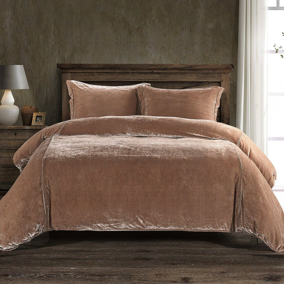 Stella Faux Silk Velvet Duvet Cover Set, Queen, Dusty Rose, 3PC