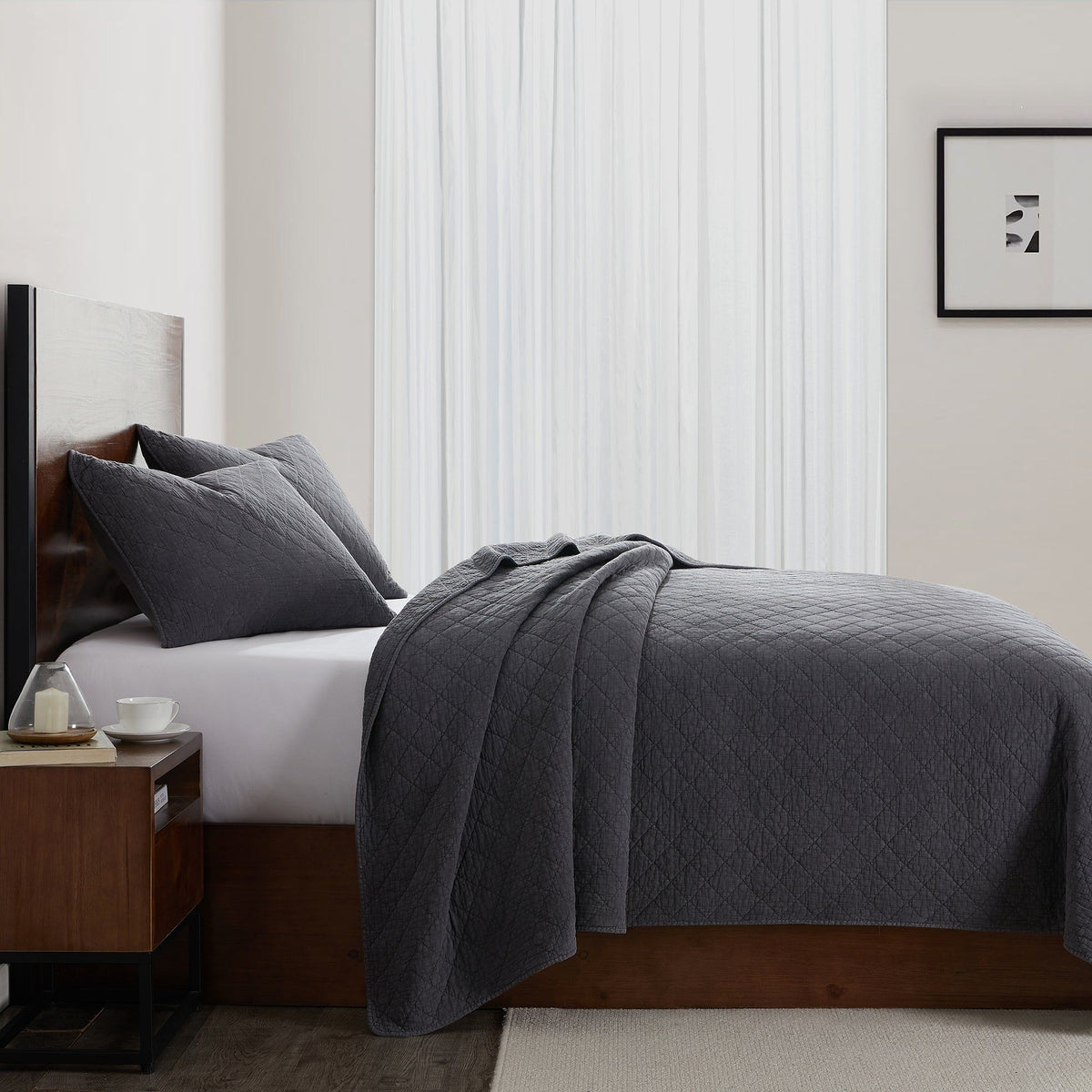 Stonewashed Cotton Gauze Quilt, King, Charcoal, 1PC