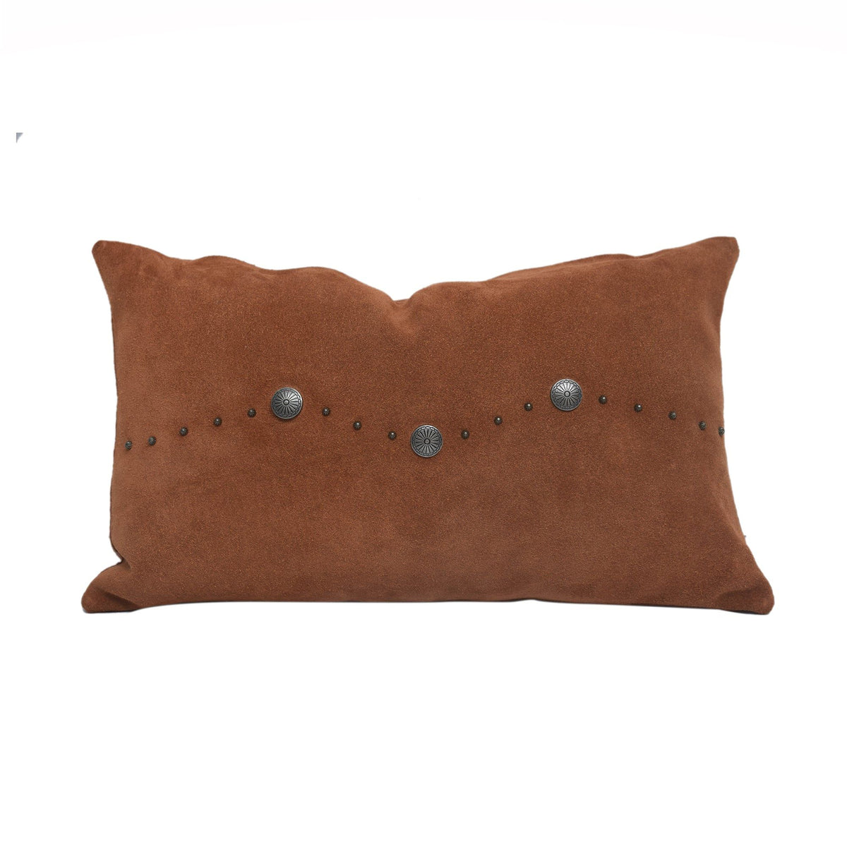 Western Suede Antique Silver Concho & Studded Lumbar Pillow, 12" x 20", Tobacco, 1PC