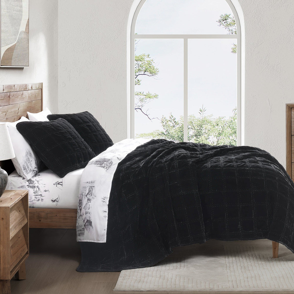 Stella Faux Silk Double Box Stitch Quilt Set, Queen, Black, 3PC
