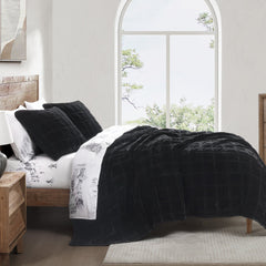 Stella Faux Silk Double Box Stitch Quilt Set, Queen, Black, 3PC