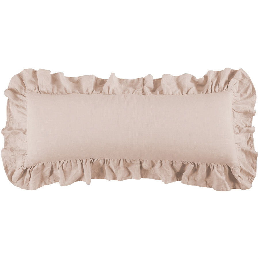 Luna Washed Linen Ruffled Lumbar Pillow, 14" x 36", Blush, 1PC