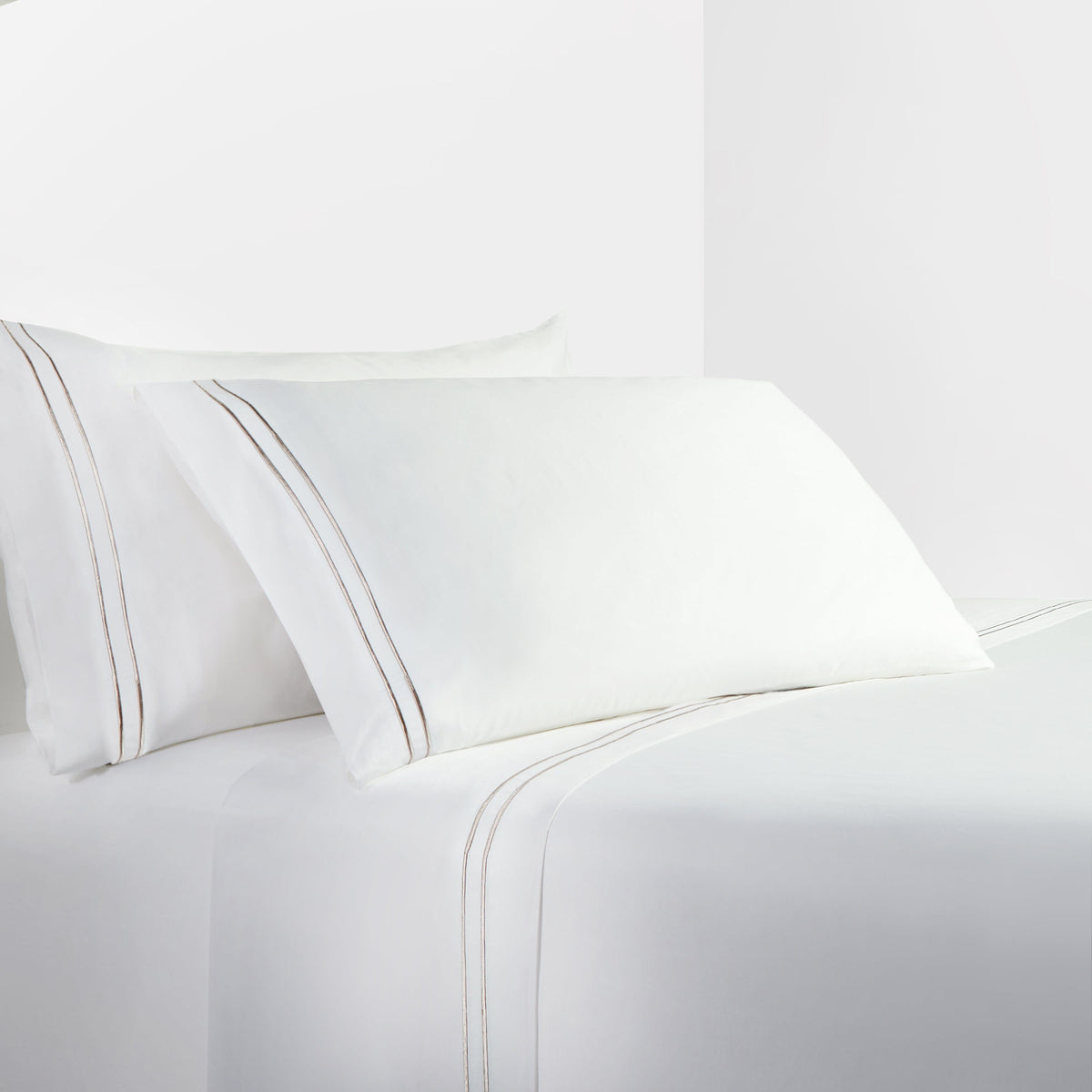 350TC Embroidered Stripe White Sheet Set, Queen, Taupe, 4PC