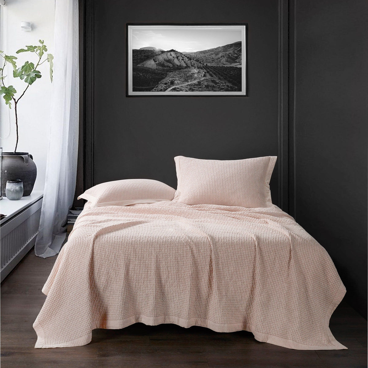 Stonewashed Cotton Waffle Weave Coverlet, Twin, Blush, 1PC