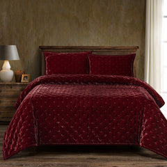 Stella Faux Silk Velvet Quilt Set, King, Garnet Red, 3PC
