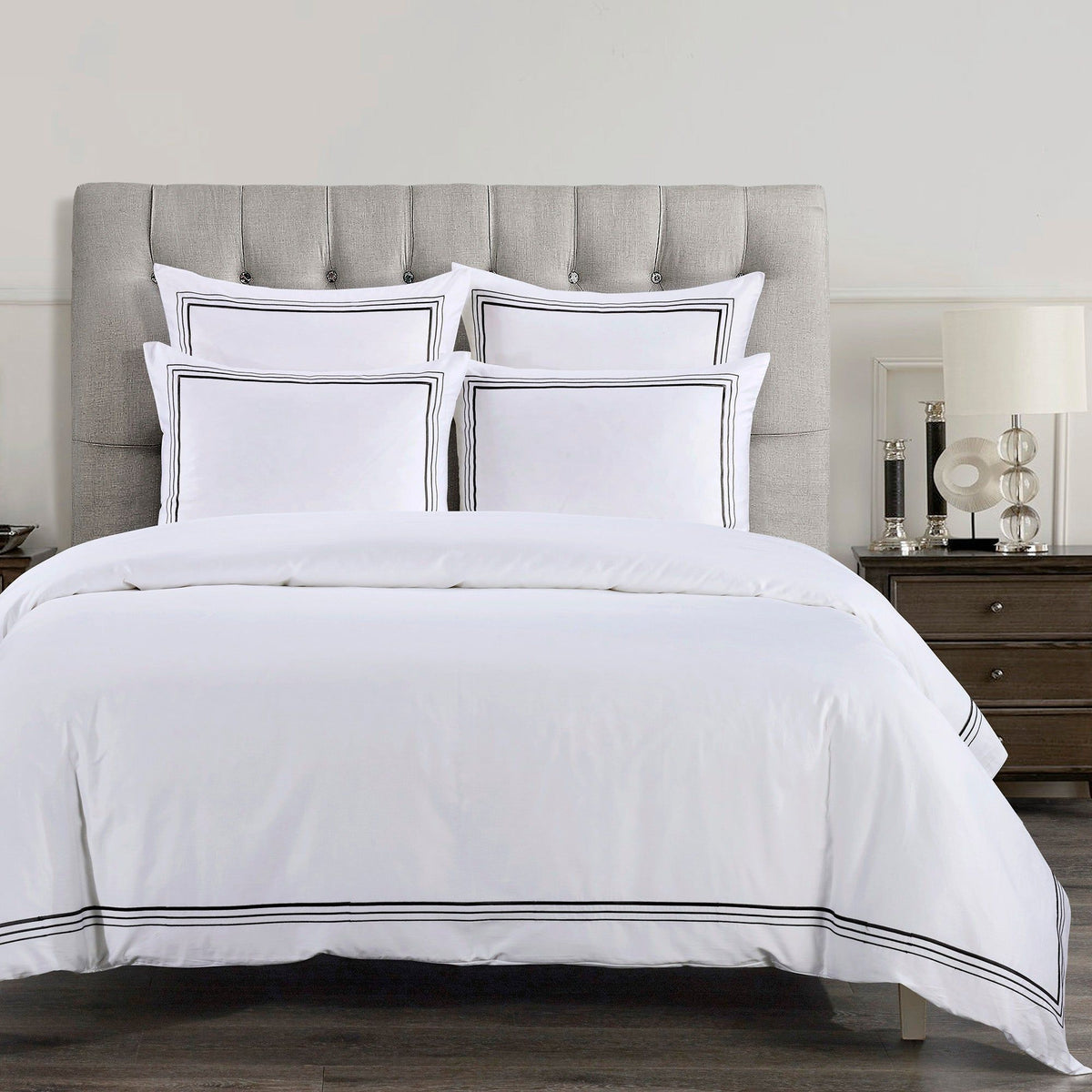 Embroidered Border Duvet Cover Set, Super Queen, Black, 3PC